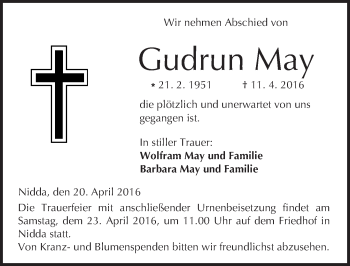 Traueranzeige von Gudrun May von  Kreisanzeiger
