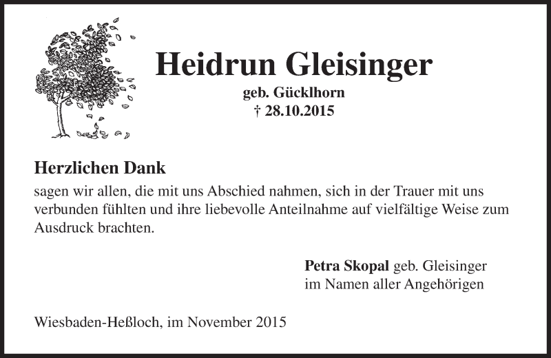  Traueranzeige für Heidrun Gleisinger vom 14.11.2015 aus  Wiesbaden komplett