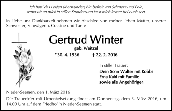 Traueranzeige von Gertrud Winter von  Kreisanzeiger