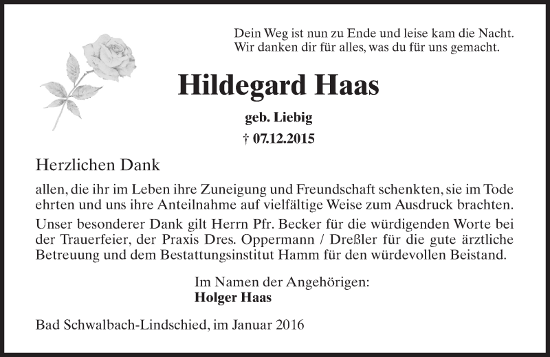  Traueranzeige für Hildegard Haas vom 09.01.2016 aus  Wiesbaden komplett