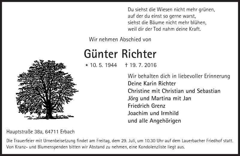  Traueranzeige für Günter Richter vom 26.07.2016 aus Trauerportal Echo Online