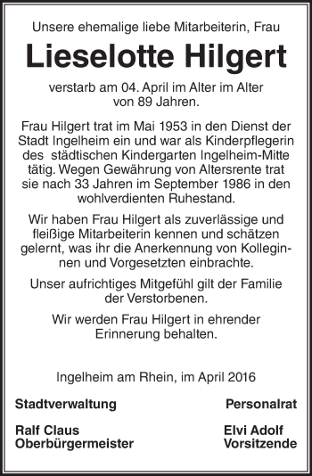 Traueranzeige von Lieselotte Hilgert von trauer.rmp.de