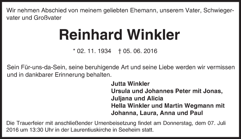  Traueranzeige für Reinhard Winkler vom 02.07.2016 aus Trauerportal Rhein Main Presse