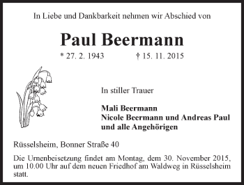 Traueranzeige von Paul Beermann von  Mainspitze