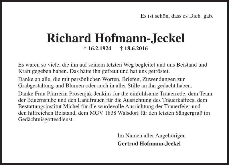  Traueranzeige für Richard Hofmann-Jeckel vom 16.07.2016 aus Trauerportal Rhein Main Presse