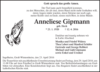 Traueranzeige von Anneliese Gipmann von  Allgemeine  Zeitung Ingelheim-Bingen