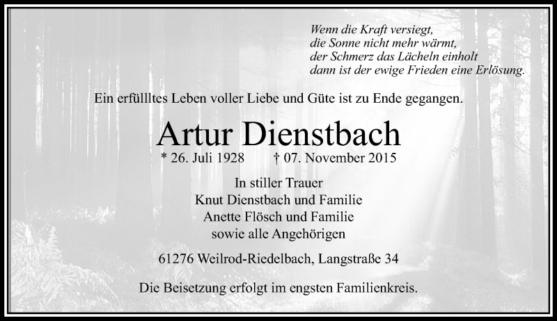  Traueranzeige für Artur Dienstbach vom 11.11.2015 aus  Usinger Anzeiger