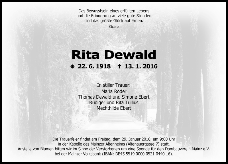  Traueranzeige für Rita Dewald vom 23.01.2016 aus  Allgemeine Zeitung Mainz