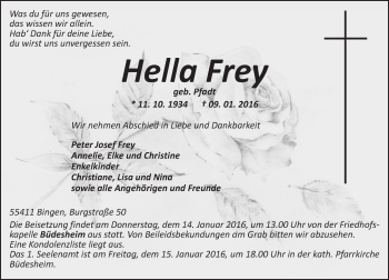 Traueranzeige von Hella Frey von  Allgemeine  Zeitung Ingelheim-Bingen