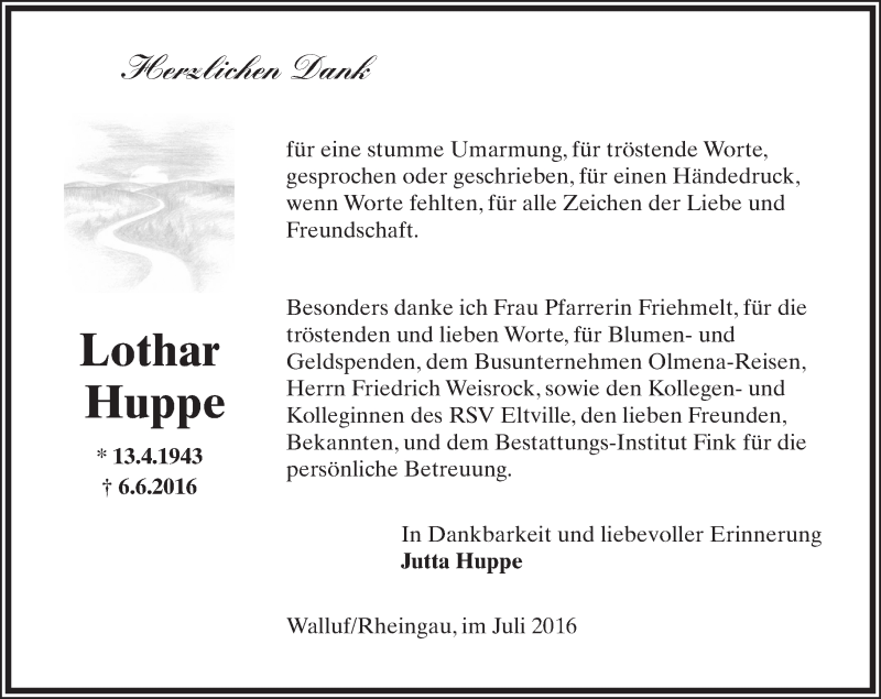  Traueranzeige für Lothar Huppe vom 02.07.2016 aus Trauerportal Rhein Main Presse