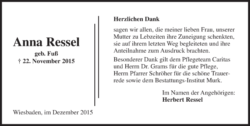  Traueranzeige für Anna Ressel vom 12.12.2015 aus  Wiesbaden komplett