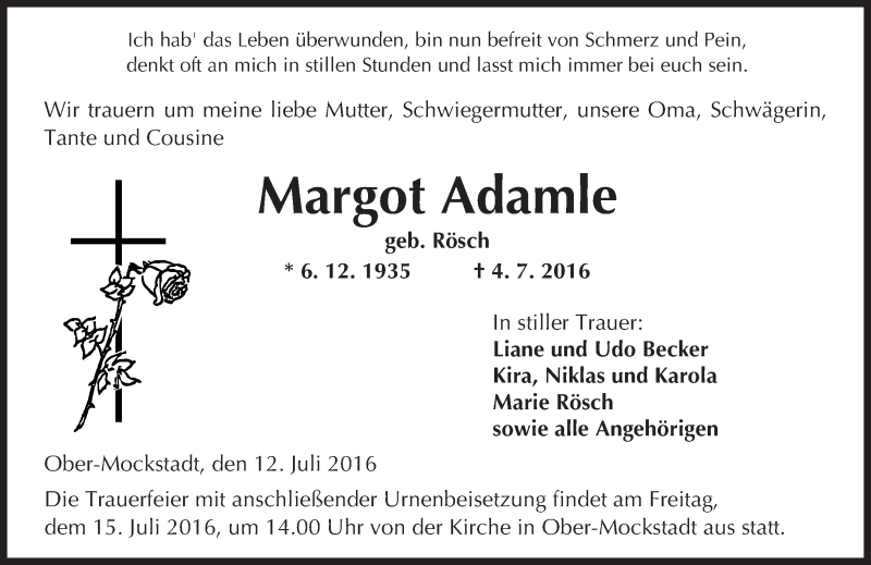 Traueranzeige für Margot Adamle vom 12.07.2016 aus  Kreisanzeiger