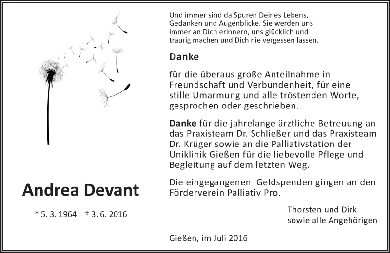  Traueranzeige für Andrea Devant vom 02.07.2016 aus  Gießener Anzeiger