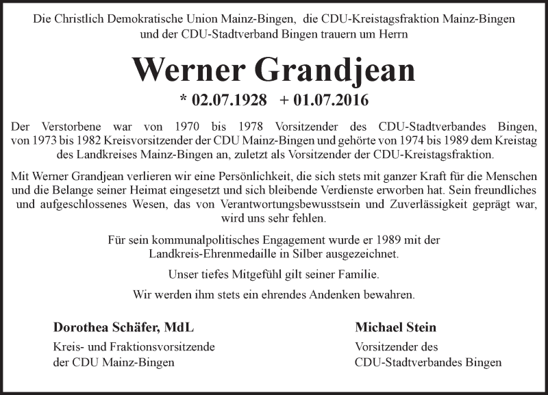  Traueranzeige für Werner Grandjean vom 07.07.2016 aus Trauerportal Rhein Main Presse