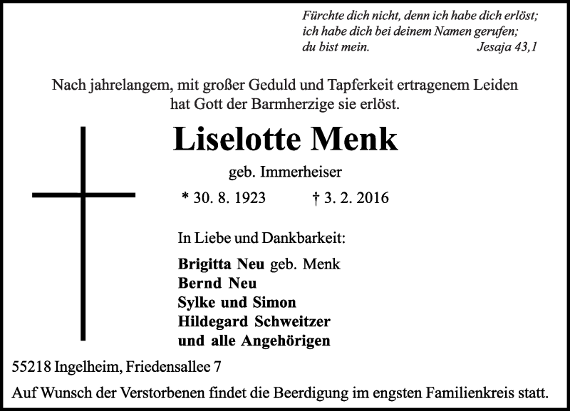  Traueranzeige für Liselotte Menk vom 06.02.2016 aus  Allgemeine  Zeitung Ingelheim-Bingen