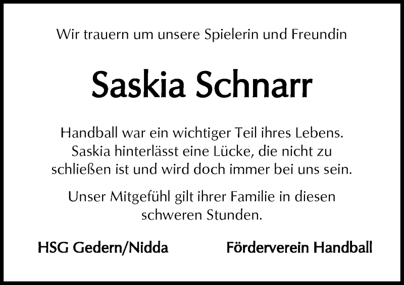  Traueranzeige für Saskia Schnarr vom 30.01.2016 aus  Kreisanzeiger