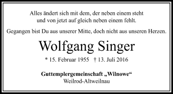 Traueranzeige von Wolfgang Singer von  Usinger Anzeiger