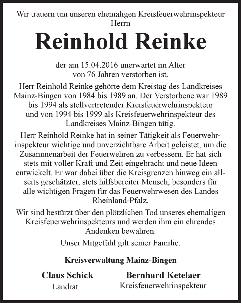  Traueranzeige für Reinhold Reinke vom 21.04.2016 aus  Mainspitze