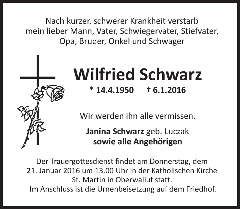  Traueranzeige für Wilfried Schwarz vom 16.01.2016 aus  Wiesbaden komplett