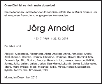 Traueranzeige von Jörg Arnold von  Allgemeine Zeitung Mainz