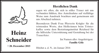 Traueranzeige von Heinz Schneider von  Sonntags Anzeiger