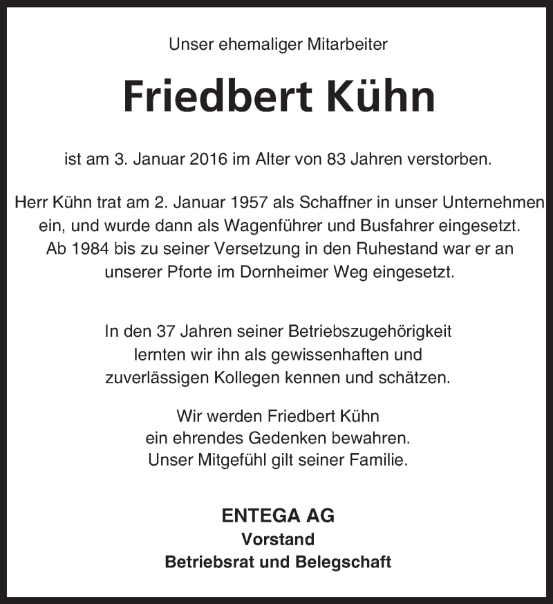  Traueranzeige für Friedbert Kühn vom 16.01.2016 aus trauer.echo-online.de
