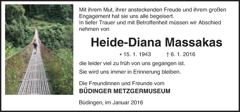  Traueranzeige für Heide-Diana Massakas vom 23.01.2016 aus  Kreisanzeiger