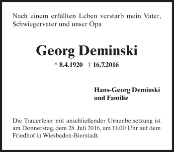 Traueranzeige von Georg Deminski von Trauerportal Rhein Main Presse