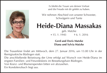 Traueranzeige von Heide-Diana Massakas von  Kreisanzeiger