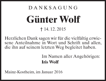 Traueranzeige von Günter Wolf von  Allgemeine Zeitung Mainz