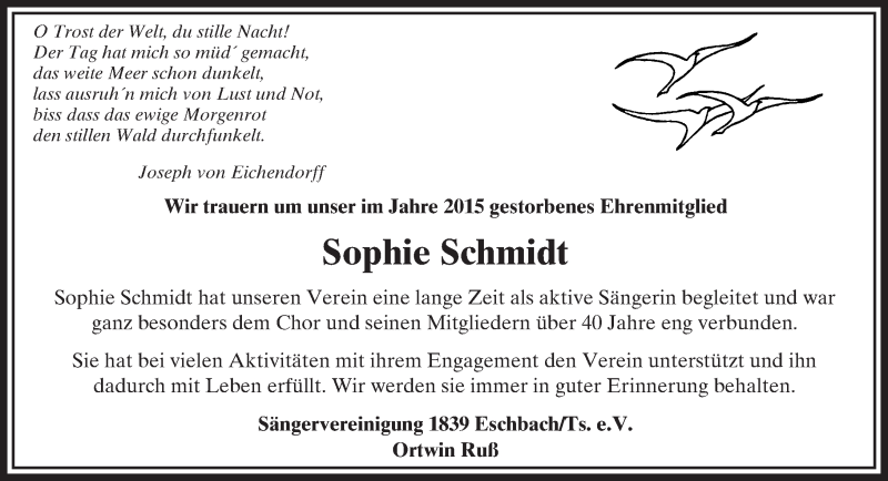  Traueranzeige für Sophie Schmidt vom 31.12.2015 aus  Usinger Anzeiger