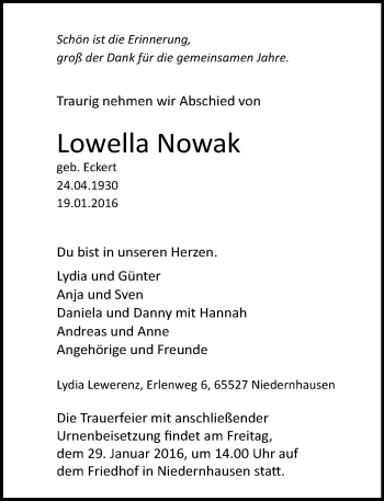 Traueranzeige von Lowella Nowak von  Idsteiner Zeitung