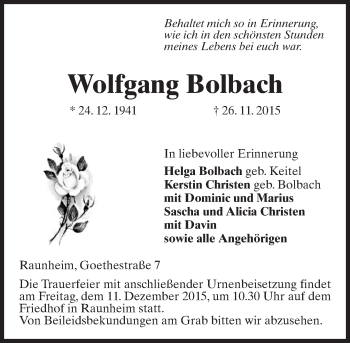 Traueranzeige von Wolfgang Bolbach von  Mainspitze
