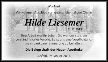 Traueranzeige von Hilde Liesemer von VRM Trauer