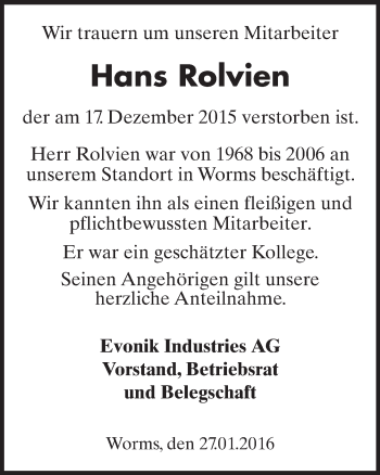 Traueranzeige von Hans Rolvien von trauer.rmp.de