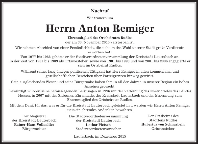  Traueranzeige für Anton Remiger vom 10.12.2015 aus VRM Trauer