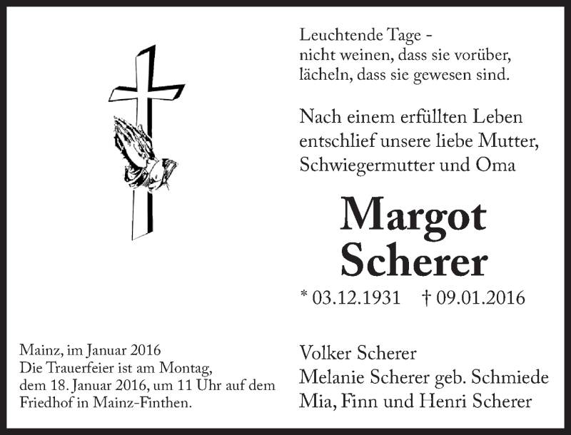  Traueranzeige für Margot Scherer vom 16.01.2016 aus  Allgemeine Zeitung Mainz