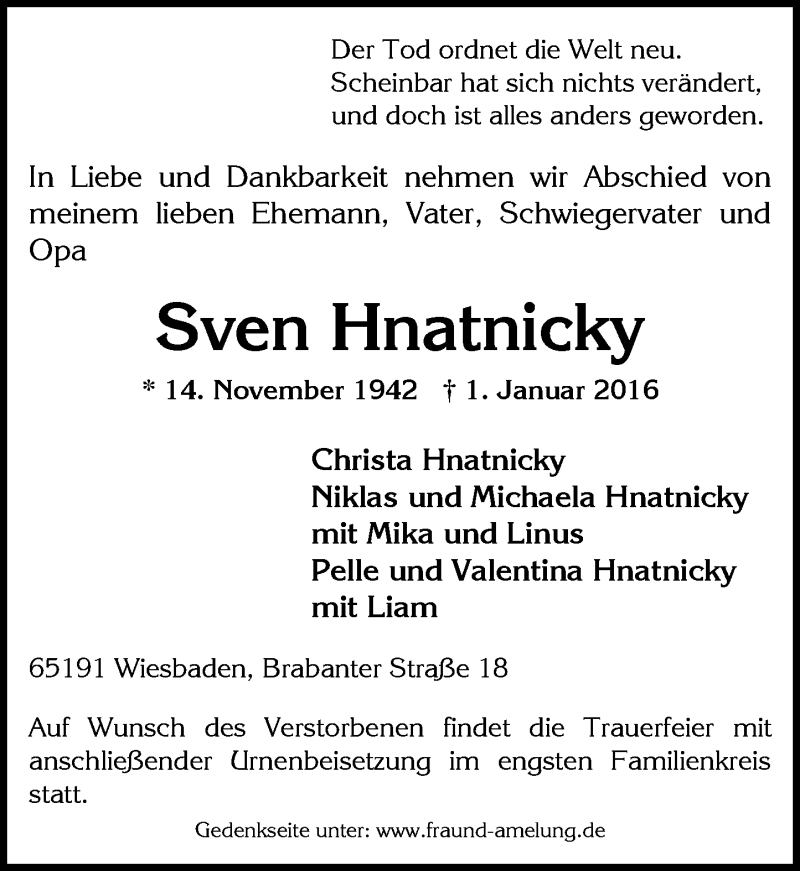  Traueranzeige für Sven Hnatnicky vom 09.01.2016 aus  Wiesbaden komplett