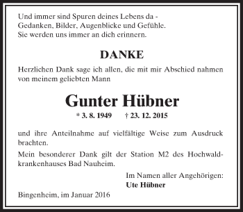 Traueranzeige von Gunter Hübner von  Tipp