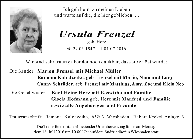  Traueranzeige für Ursula Frenzel vom 09.07.2016 aus Trauerportal Rhein Main Presse