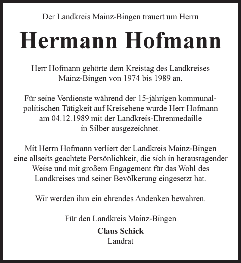  Traueranzeige für Hermann Hofmann vom 01.03.2016 aus trauer.rmp.de