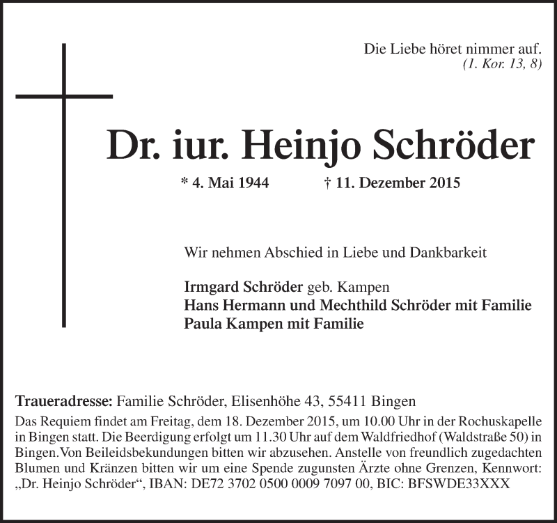  Traueranzeige für Heinjo Schröder vom 16.12.2015 aus  Allgemeine  Zeitung Ingelheim-Bingen