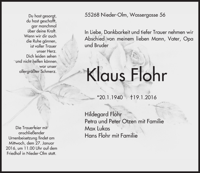  Traueranzeige für Klaus Flohr vom 23.01.2016 aus  Allgemeine Zeitung Alzey