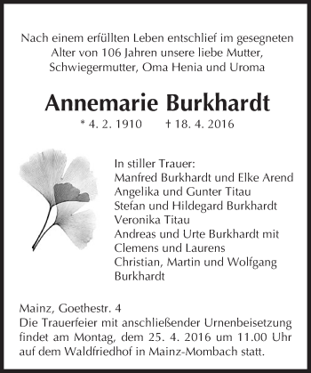 Traueranzeige von Annemarie Burkhardt von  Allgemeine Zeitung Mainz