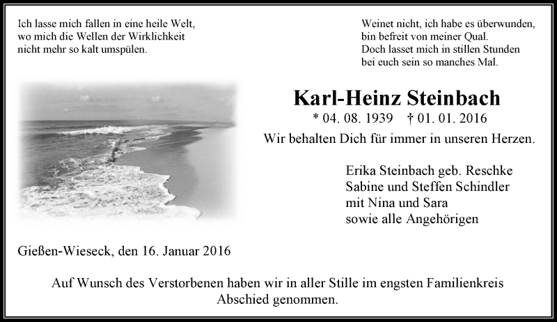  Traueranzeige für Karl-Heinz Steinbach vom 16.01.2016 aus  Gießener Anzeiger