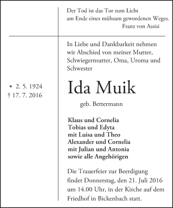 Traueranzeige von Ida Muik von Trauerportal Echo Online