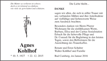Traueranzeige von Agnes Kohlhof von  Camberger Anzeiger