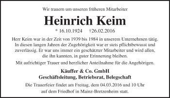 Traueranzeige von Heinrich Keim von trauer.rmp.de