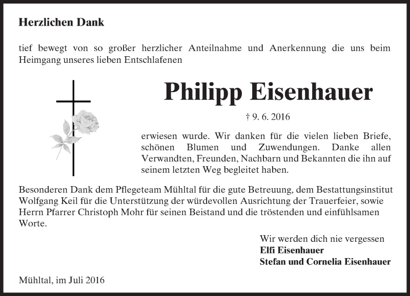  Traueranzeige für Philipp Eisenhauer vom 09.07.2016 aus Trauerportal Echo Online