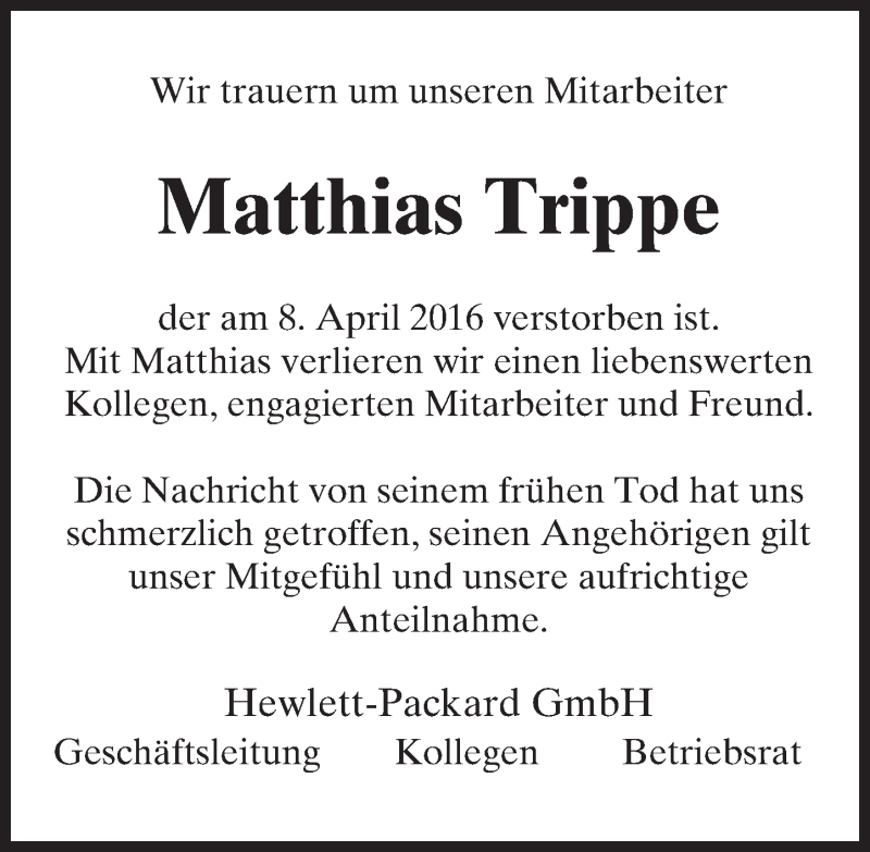  Traueranzeige für Matthias Trippe vom 23.04.2016 aus trauer.rmp.de
